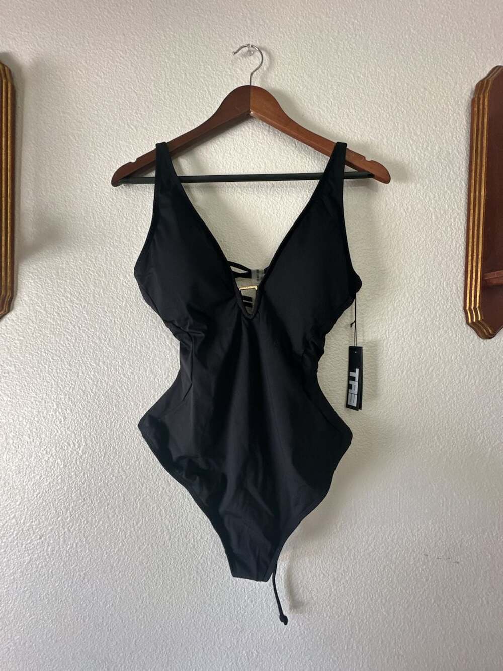 TA3 Plungey Triangle Thong Sculpting One Piece Swimsuit Black MSRP $178